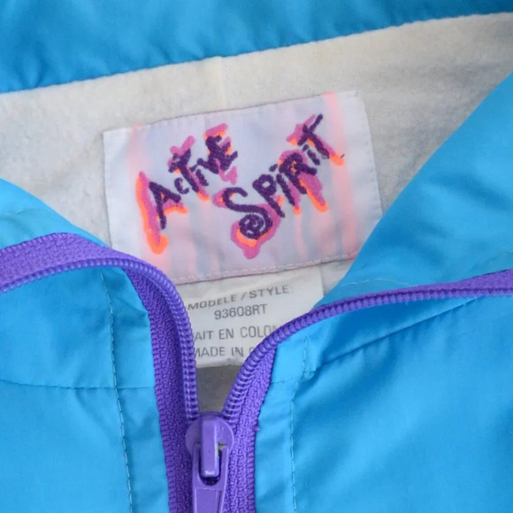80S Active Spirit Purple Teal Zip Up Nylon W/ Hidden Hood Lined Windbreaker Coat - Picture 11 of 14